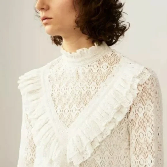 MAJE • Limba open knit high neck ruffle crochet sweater in ecru - Picture 2 of 16